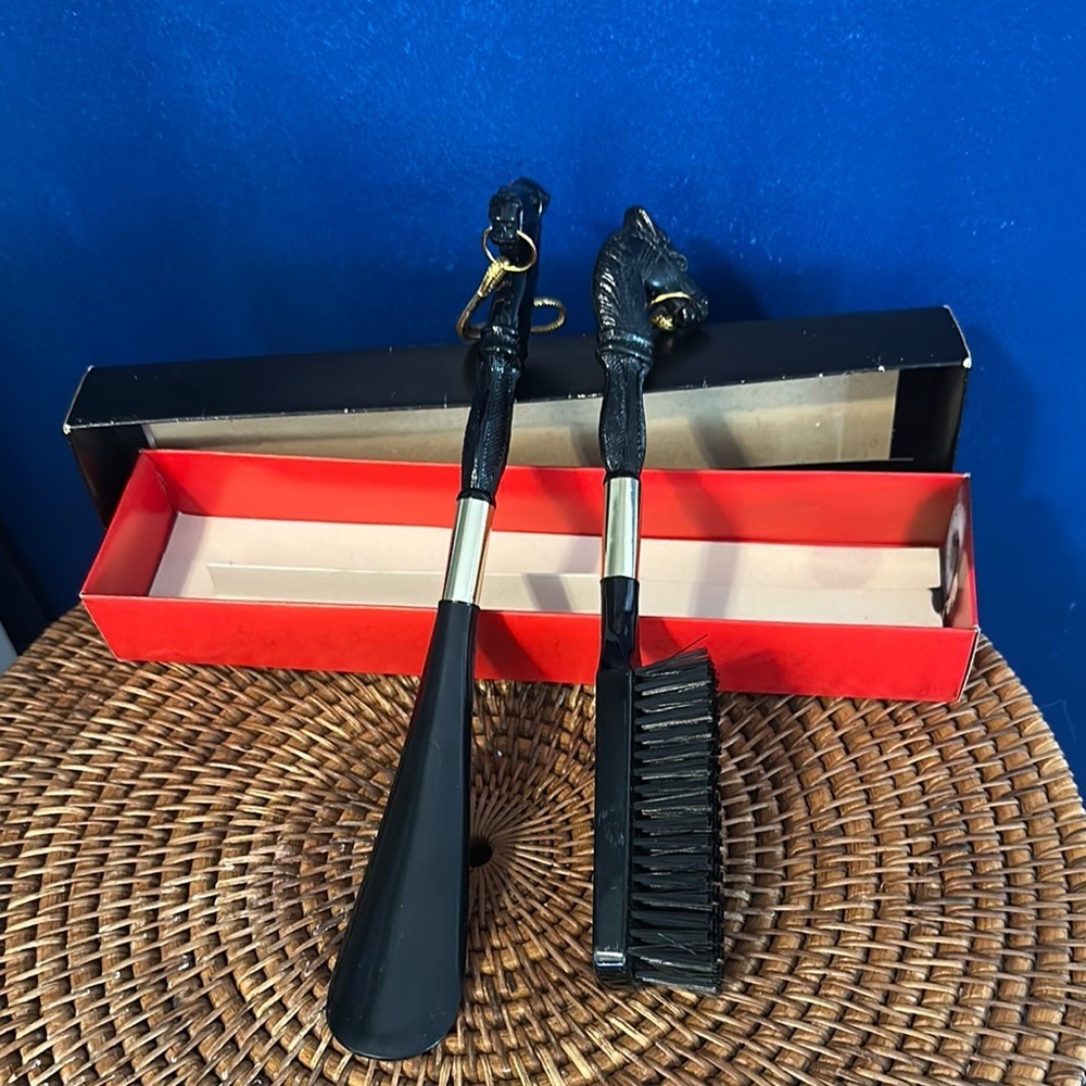New in Box Vintage Hard Plastic Black Horse Head Shoe Horn and Brush Set
